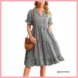 Y2K Plaid Babydoll Dress Puff Sleeve Ruffle Hem Midi Swing Dress